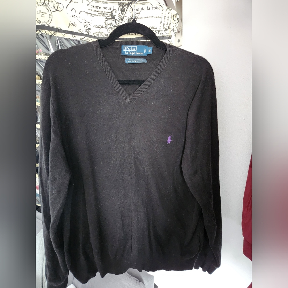 Polo Ralph Lauren Sweater Men’s XL Black V Neck 100% Pima Cotton Casual